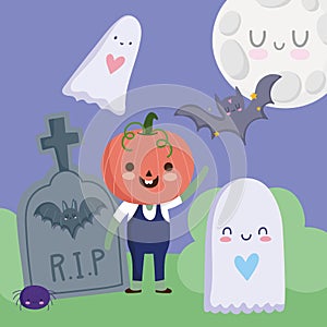 Happy halloween, boy with pumpkin costume ghost bat spider and tombstone trick or treat party celebration