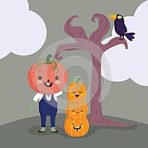 Happy halloween, boy with pumpkin costume tree raven trick or treat party celebration