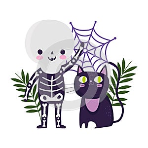 Happy halloween, boy skeleton costume cat and cobweb cartoon, trick or treat party celebration