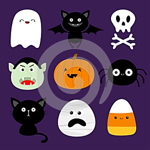 Happy Halloween. Candy corn, ghost spirit, pumpkin, cat, dracula, bat, skull bone, spider, mummy face. Cute cartoon kawaii funny