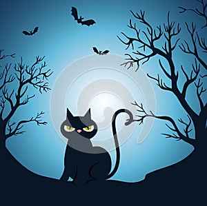 Happy halloween card with black cat in the night