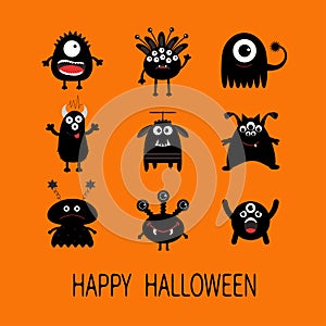 Happy Halloween card. Black monster big set. Cute cartoon scary silhouette character. Baby collection. Orange background.