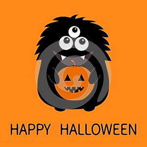 Happy Halloween card. Black monster silhouette holding pumpkin. Cute cartoon scary funny character. Baby collection. Three eyes, f