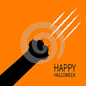 Happy Halloween card. Bloody claws animal scratch scrape track. Black cat scratching paw leg foot corner. Cute cartoon character s