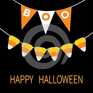 Happy Halloween card. Bunting flags pack Boo letters. Candy corn. Flag garland. Party decoration element. Hanging text on rope thr