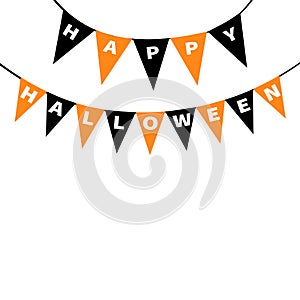 Happy Halloween card. Bunting flags pack letters. Flag garland. Party decoration element. Hanging text on rope thread. Black orang