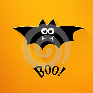 Happy Halloween card with cartoon bat and text on orange background. Flat design. Vector