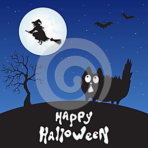 Happy Halloween card with cartoon cat, witch and moon.