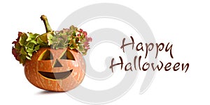 Happy Halloween card with carved pumpkin isolated on white