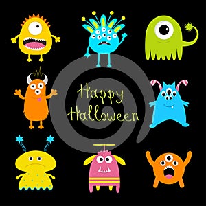 Happy Halloween card. Colorful monster big set. Cute cartoon scary character. Baby collection. Black background. . Flat de