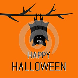 Happy Halloween card. Cute bat hanging on tree.