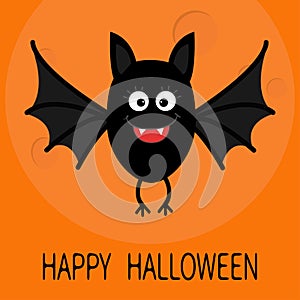 Happy Halloween card. Cute cartoon bat flying. Big moon. Animal character. Baby illustration collection. Flat design. Orange
