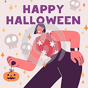 Happy Halloween card design. October holiday postcard background with adult woman, Helloween pumpkin and skulls for