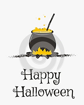 Happy Halloween Card Design, Witch Cauldron Cartoon Vector