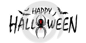 Happy Halloween card. Drip text, spider isolated white background. Greeting design banner, Halloween holiday celebration