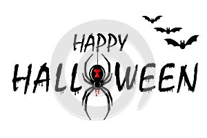 Happy Halloween card. Drip text, spider isolated white background. Greeting design banner, Halloween holiday celebration
