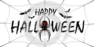 Happy Halloween card. Drip text, spider, web isolated white background. Greeting design banner, Halloween holiday