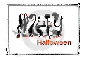 Happy Halloween card. Halloween greeting card with drawn black monster characters