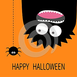 Happy Halloween card. Monster head silhouette. Two eyes, teeth, tongue. Hanging upside down. Black spider dash line. Funny Cute ca