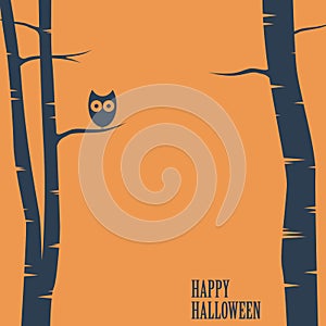 Happy halloween card with owl sitting on tree