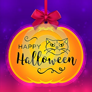 Happy Halloween card, Pumpkin tag and bright purple gradient background. Vector Happy Halloween Inscription and icon