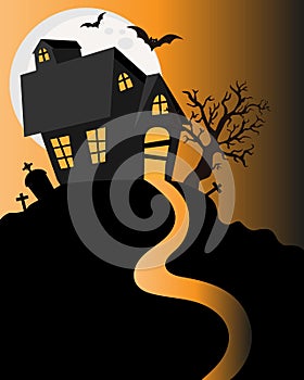 Happy Halloween card. Scary house with cemetery and bats.