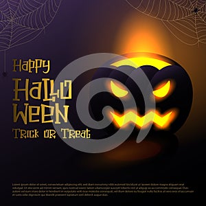 Happy Halloween card with scary pumpkin and glowing eyes and Halloween text on dark violet background. Flyer or invitation temp