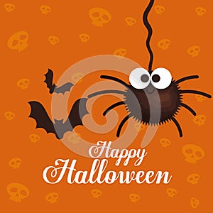Happy halloween card with spider and bats flying