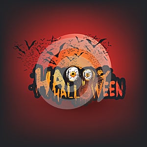 Happy Halloween Card Template - Flying Bats with Glowing Eyes Under the Full Moon on Red Background - Vector Illustration