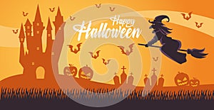 Happy halloween card with witch flying in broom and cemetery