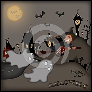 Happy halloween card with witch and ghosts