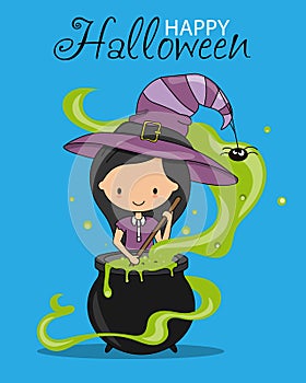 Happy Halloween card. Witch stirring a potion.