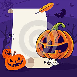 Happy Halloween. Cartoon cute pumpkin with funny face on empty vintage scroll
