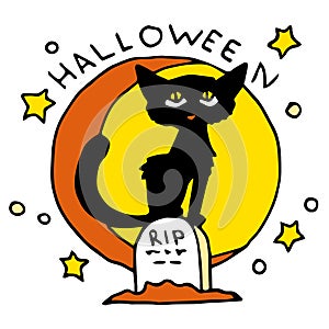 Happy Halloween cartoon icon with black cat