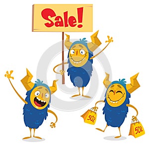 Happy Halloween cartoon monsters set for shopping discount banners. Monster holding sale sign