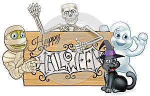 Happy Halloween Cartoon Monsters Sign Background