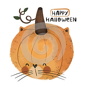 Happy Halloween. Cartoon pumpkin cat, hand drawing lettering, decor elements. Colorful illustration