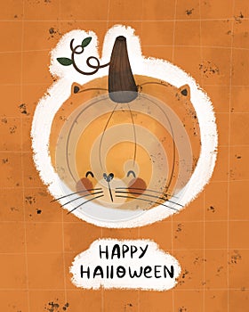 Happy Halloween. Cartoon pumpkin cat, hand drawing lettering, decor elements. Colorful illustration, flat style.