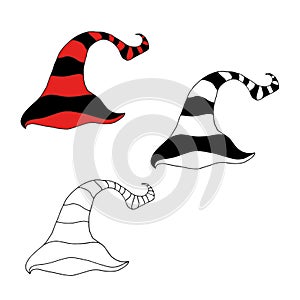 Happy Halloween. Cartoon striped witch hat with buckle isolated on white background
