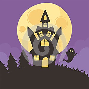 Happy halloween, castle ghost moon night forest trick or treat party celebration