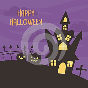 Happy halloween, castle pumpkins cross night trick or treat party celebration