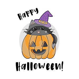 Happy Halloween cat in pumpkin vector illustration icon
