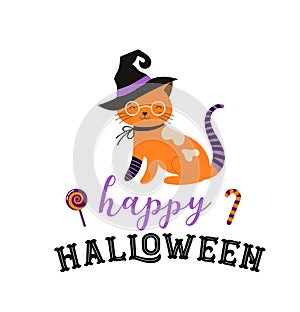 Happy Halloween - cats in monsters costumes, Halloween party. Vector illustration, banner, elements set