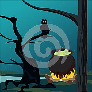 Happy halloween celebration card with cauldron and owl scene