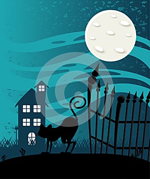 Happy halloween celebration card with haunted house and cat scene