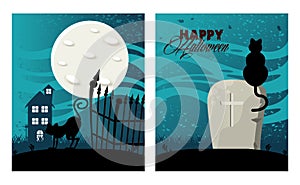 Happy halloween celebration card with haunted house and cats in cemetery