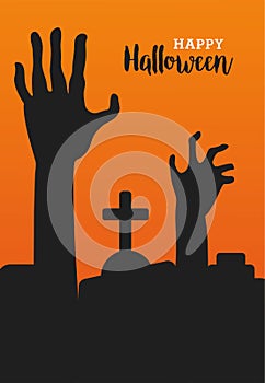 Happy halloween celebration with deaths hands in cemetery scene