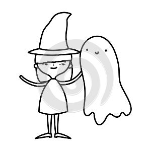 Happy halloween celebration girl with hat costume and ghost line style