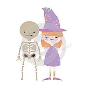 Happy halloween celebration girl with hat witch and skeleton boy costume