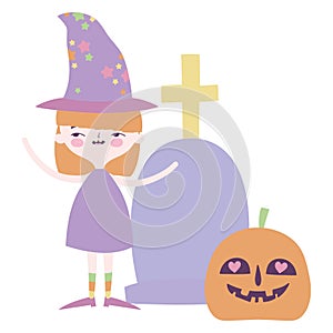 Happy halloween celebration girl witch pumpkin and gravestone